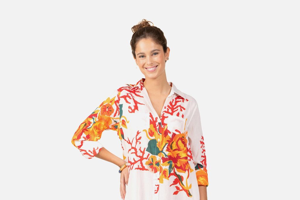 CHEMISIER CORAIL FLEUR BLANC