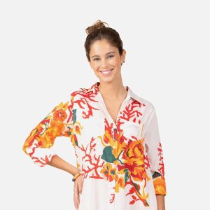 CHEMISIER CORAIL FLEUR BLANC - Image 1