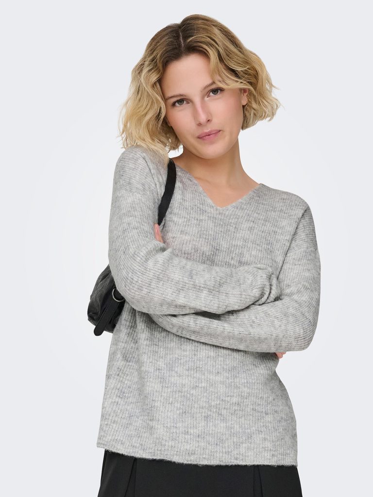 ONLCAMILLA VNECK LS PULLOVER LIGHT GREY