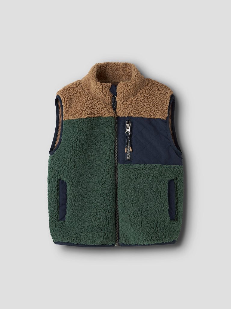 NMMMACEY TEDDY VEST BLOCK JUNGLE GREEN