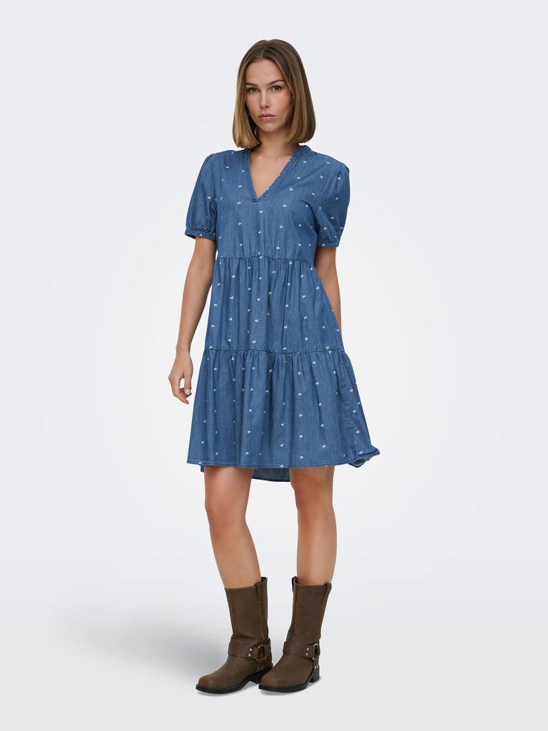 ONLNOVA AZURE SS THEA DRESS MED BLUE DENIM BOW