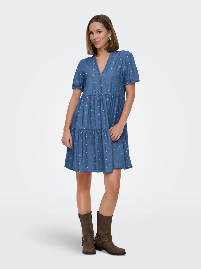 ONLNOVA AZURE SS THEA DRESS MED BLUE DENIM BOW