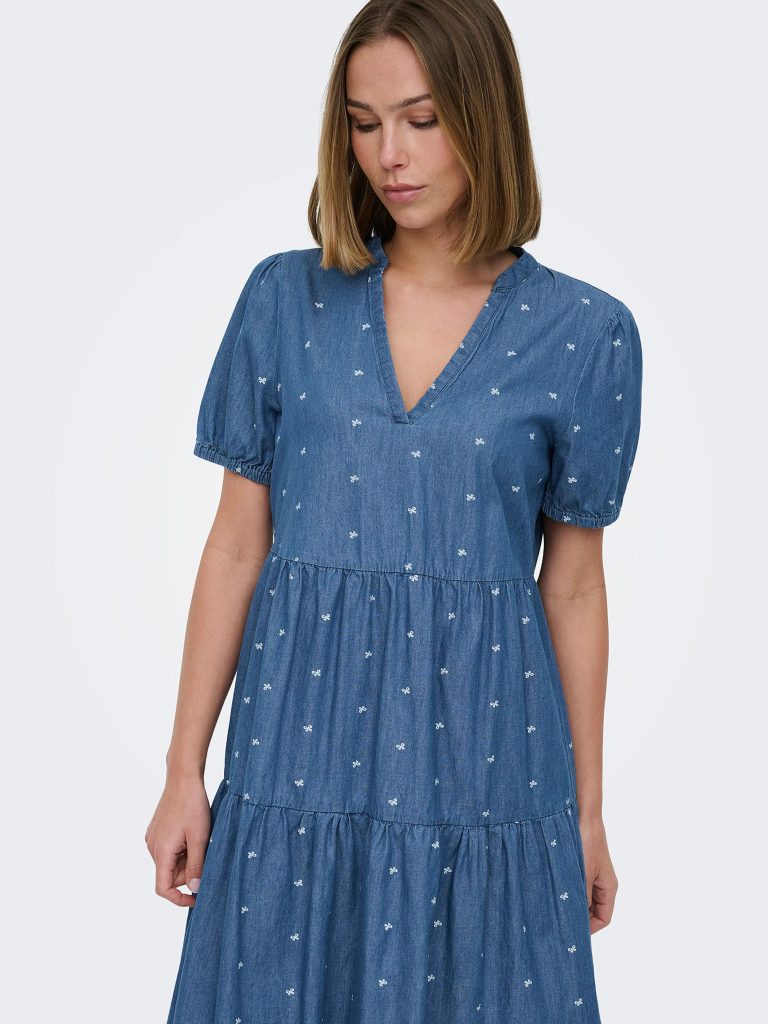 ONLNOVA AZURE SS THEA DRESS MED BLUE DENIM BOW
