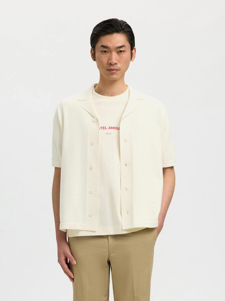 SLHAMOUR INTARSIA RELAXED POLO CARDIGAN EGRET