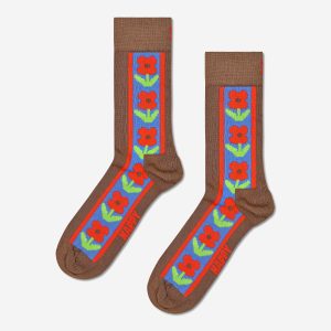 VERTICAL FLOWERS SOCK BROWN – Image 2