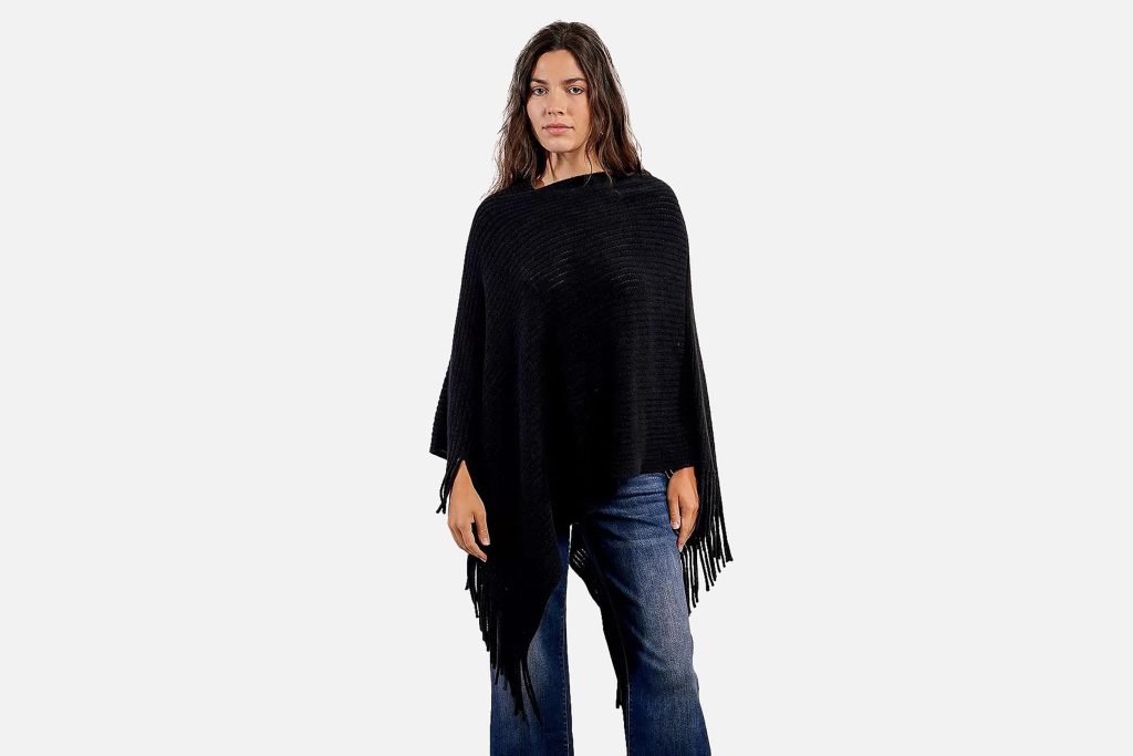PONCHO CROISE FRANGES NOIR