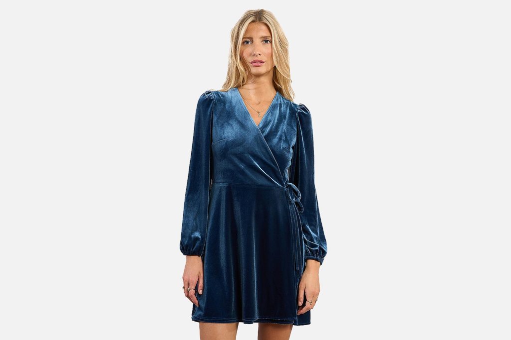 ROBE PORTEFEUILLE VELOURS BLEU