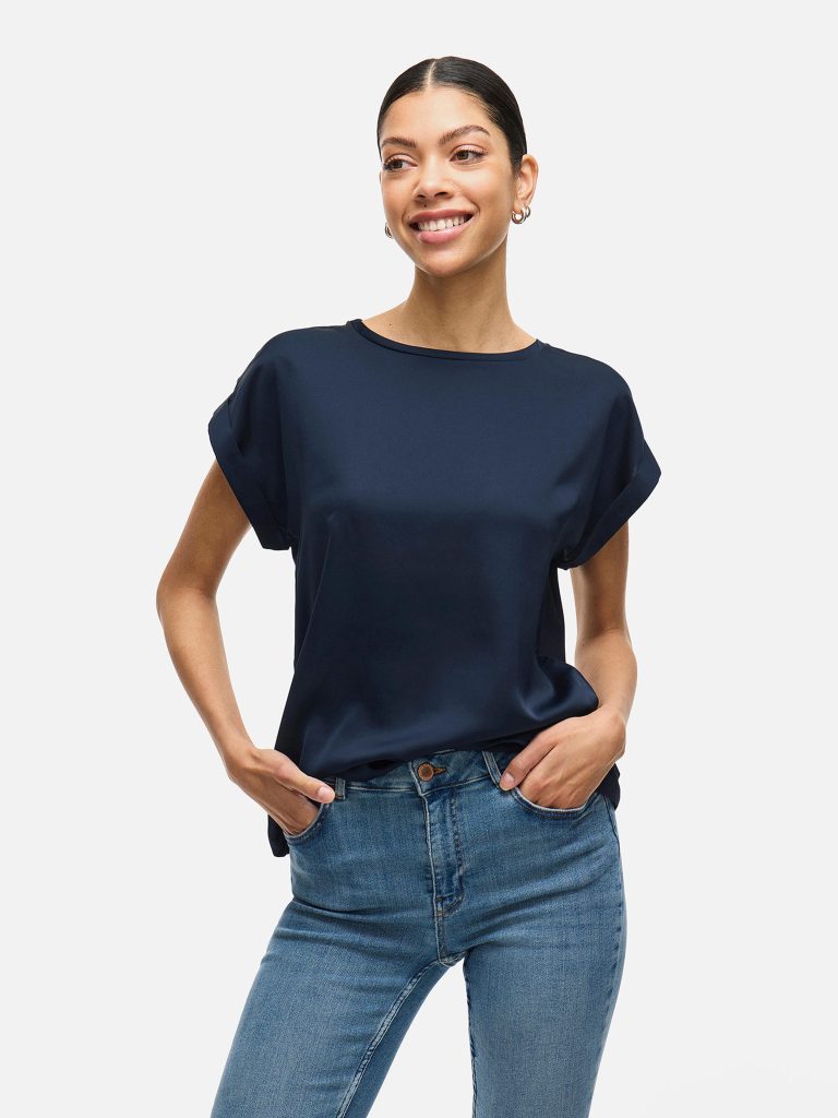 VIELLETTE SS SATIN TOP NAVY BLAZER