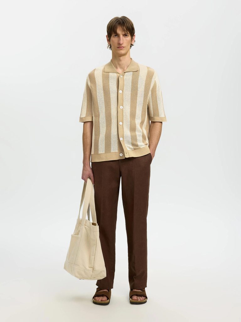 SLHSHANE SS OPEN STRUC POLO CARDIGAN BIRCH