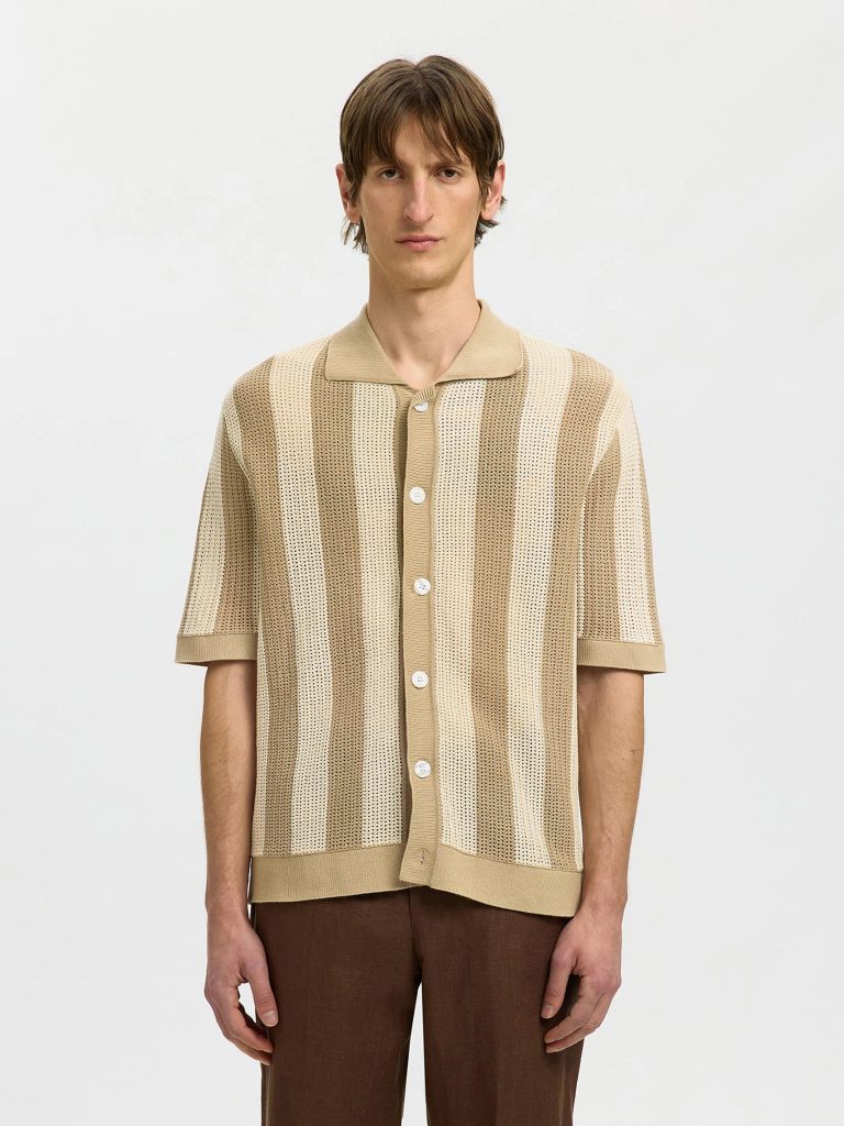 SLHSHANE SS OPEN STRUC POLO CARDIGAN BIRCH