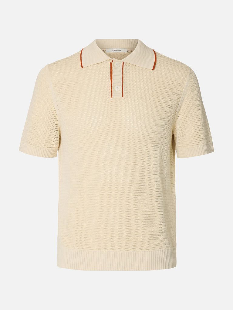 SLHJESSE SS KNIT OPEN STRUCTURE POLO BIRCH