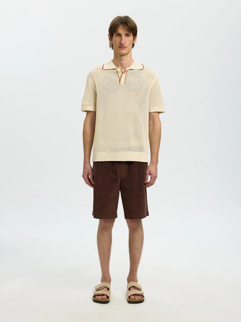 SLHJESSE SS KNIT OPEN STRUCTURE POLO BIRCH