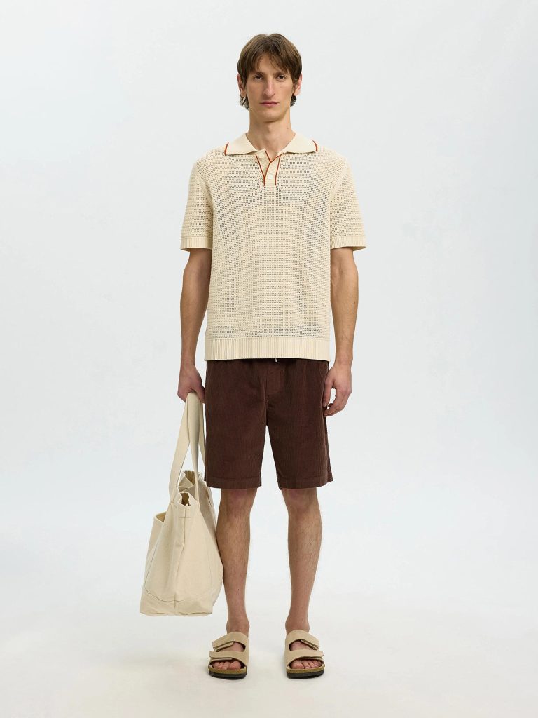 SLHJESSE SS KNIT OPEN STRUCTURE POLO BIRCH