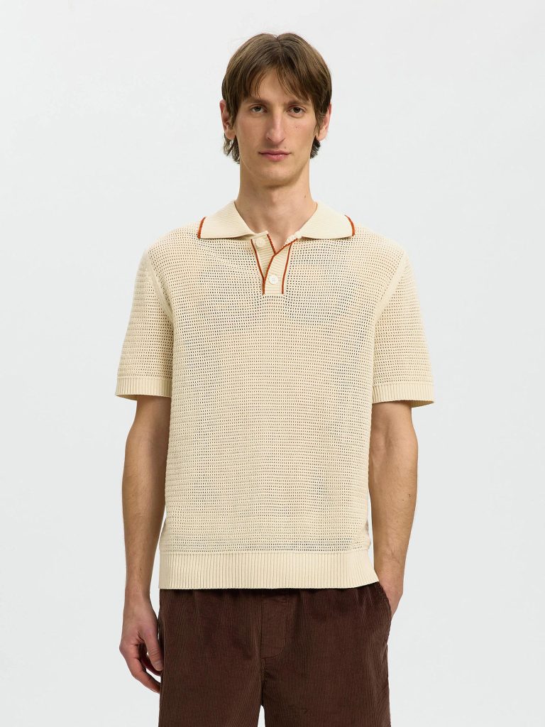 SLHJESSE SS KNIT OPEN STRUCTURE POLO BIRCH