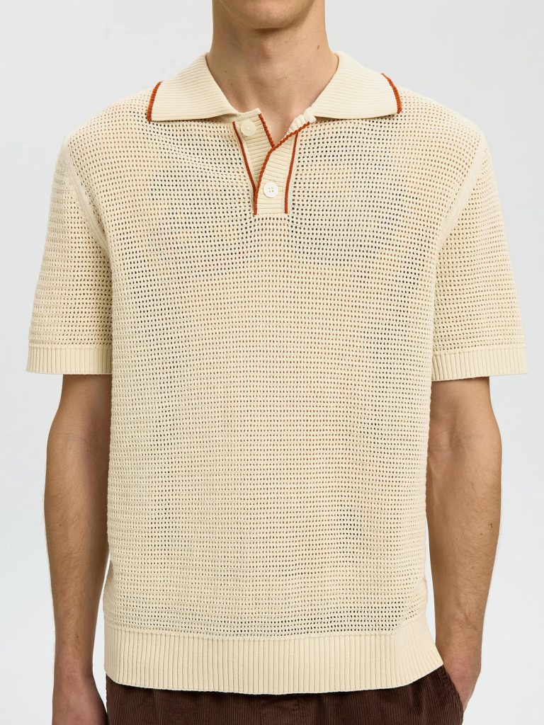 SLHJESSE SS KNIT OPEN STRUCTURE POLO BIRCH