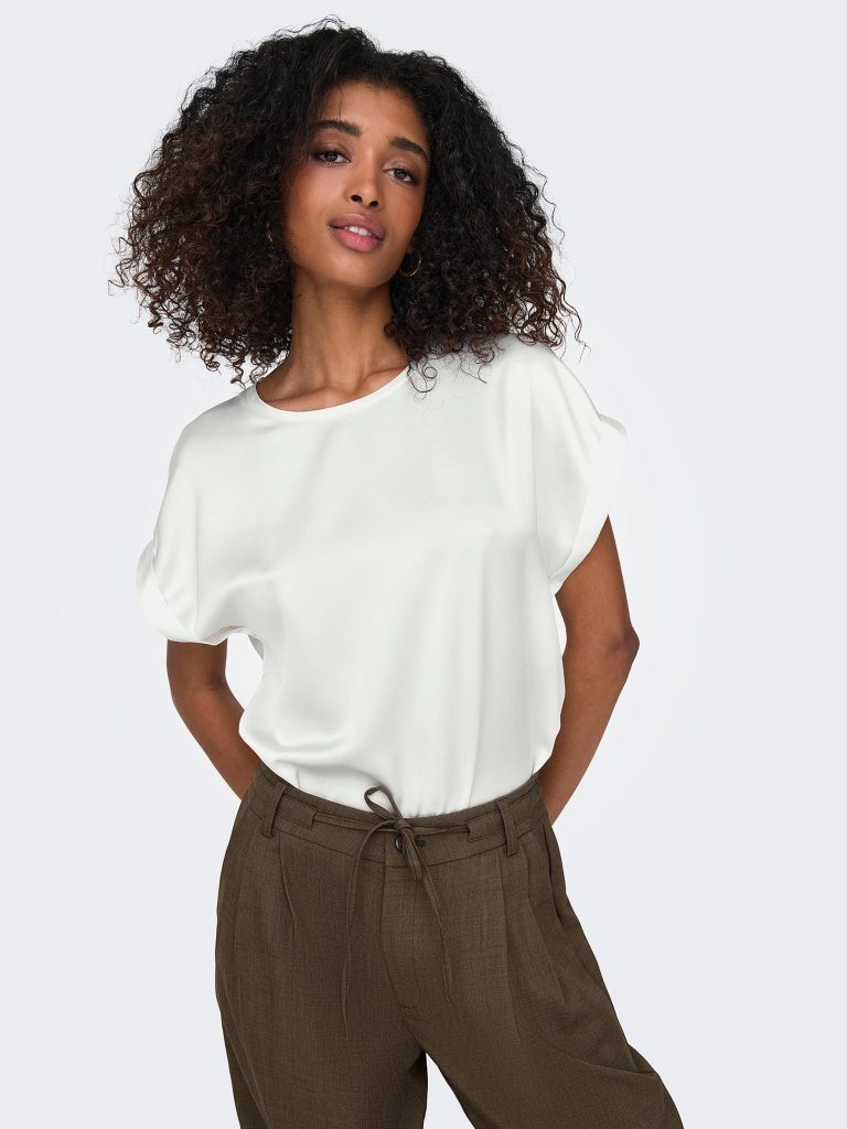 ONLLIEKE SS SATIN MIX TOP WVN SNOW WHITE