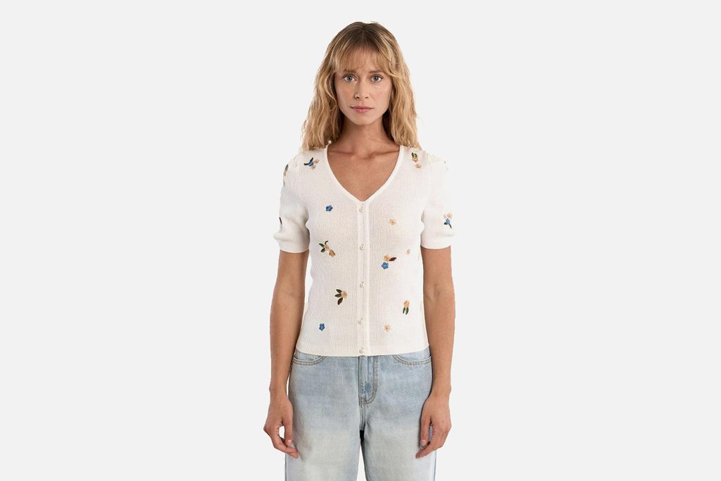 PULL MOLLY MANCHES COURTES FLOWERS ECRU
