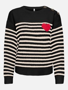 ONLELLA LS HEART ONECK BLACK WHITE STRIPES
