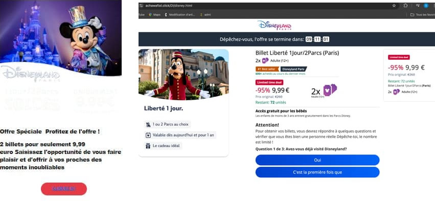 Mail de fishing et site frauduleux qui promet des places à prix cassé. 